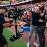 Manager Erik ten Hag of Manchester United hugs Manager Mikel Arteta of Arsenal ahead of the Premier League match between Arsenal FC and Manchester ...