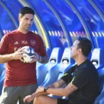 Arsenal manager Mikel Arteta with Sporting Directorduring a training session at NAS Sports Complex on January 13, 2024 in Dubai, United Arab Emirates.