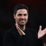 Mikel Arteta, Head Coach of Arsenal celebrates after the Premier League match between Arsenal FC and Chelsea FC at Emirates Stadium on April 23, 20...