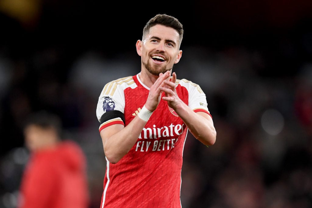 Jorginho of Arsenal applauds the fans after the team's victory in the Premier League match between Arsenal FC and Chelsea FC at Emirates Stadium on...