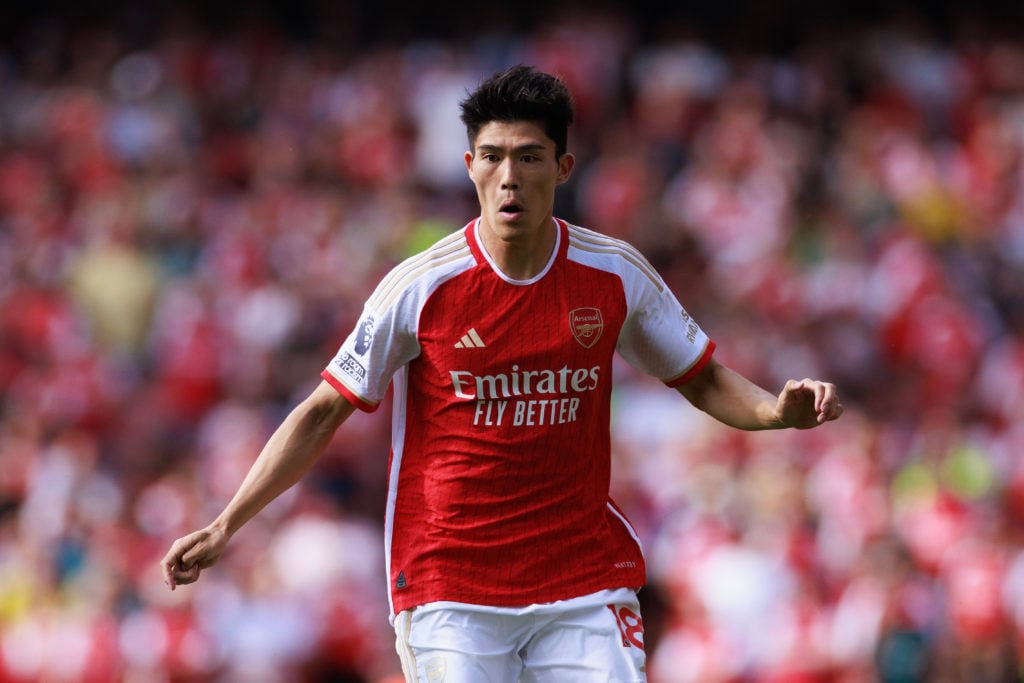 Takehiro Tomiyasu of Arsenal during the Premier League match between Arsenal FC and Everton FC at Emirates Stadium on May 19, 2024 in London, England.