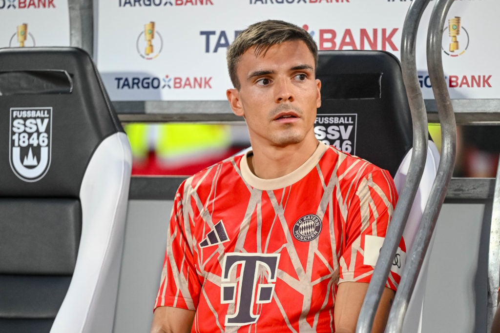 Joao Palhinha of Bayern Muenchen sits on the bench prior to the DFB-Pokal match between SSV Ulm 1846 and FC Bayern München on August 16, 2024 in Ul...