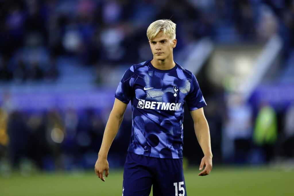 Lucas Bergvall of Tottenham Hotspur looks on during the Premier League match between Leicester City FC and Tottenham Hotspur FC at The King Power S...