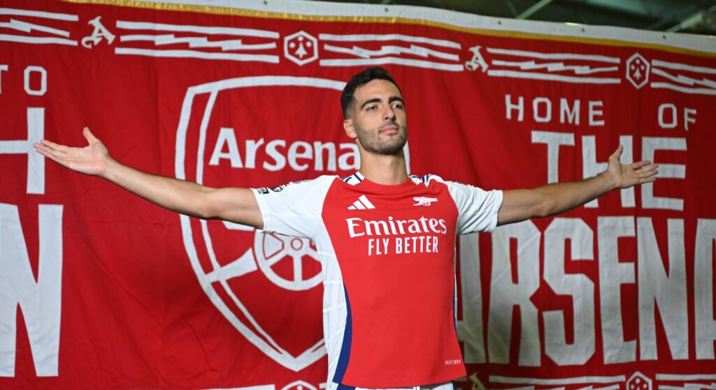 Arsenal unveil new signing Mikel Merino at Sobha Realty Training Centre on August 27, 2024 in London Colney, England.