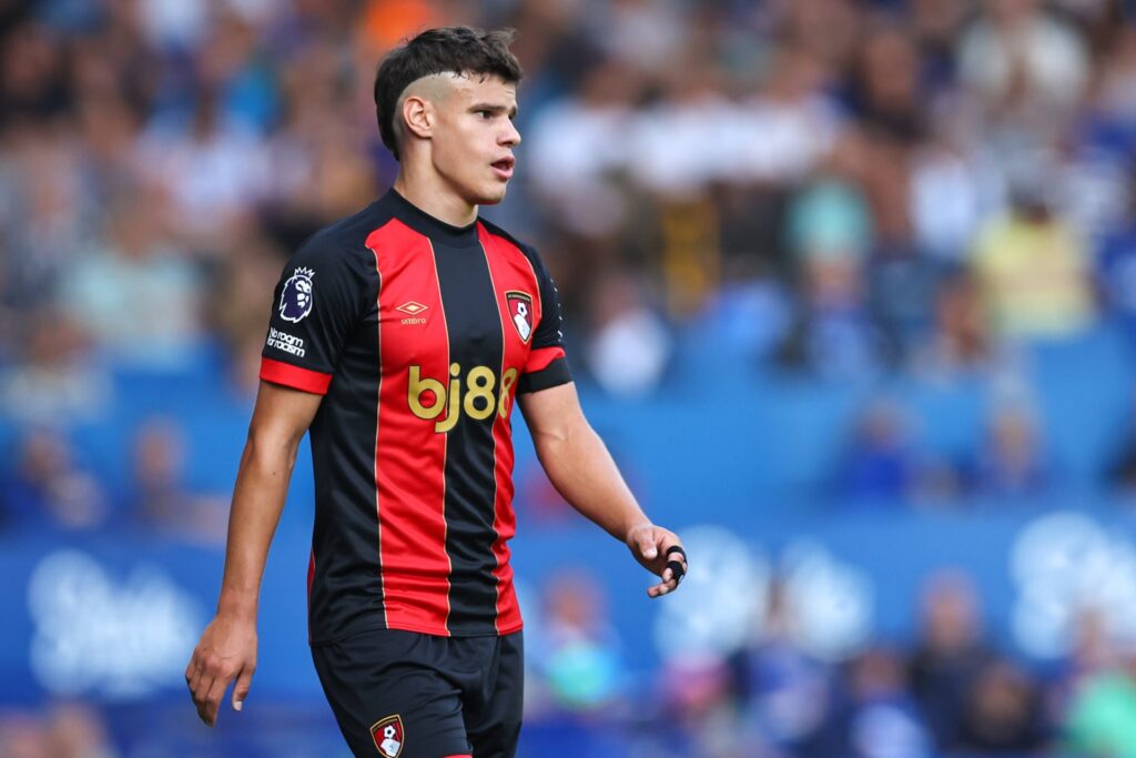 Milos Kerkez of Bournemouth during the Premier League match between Everton FC and AFC Bournemouth at Goodison Park on August 31, 2024 in Liverpool...