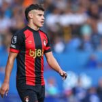 Milos Kerkez of Bournemouth during the Premier League match between Everton FC and AFC Bournemouth at Goodison Park on August 31, 2024 in Liverpool...