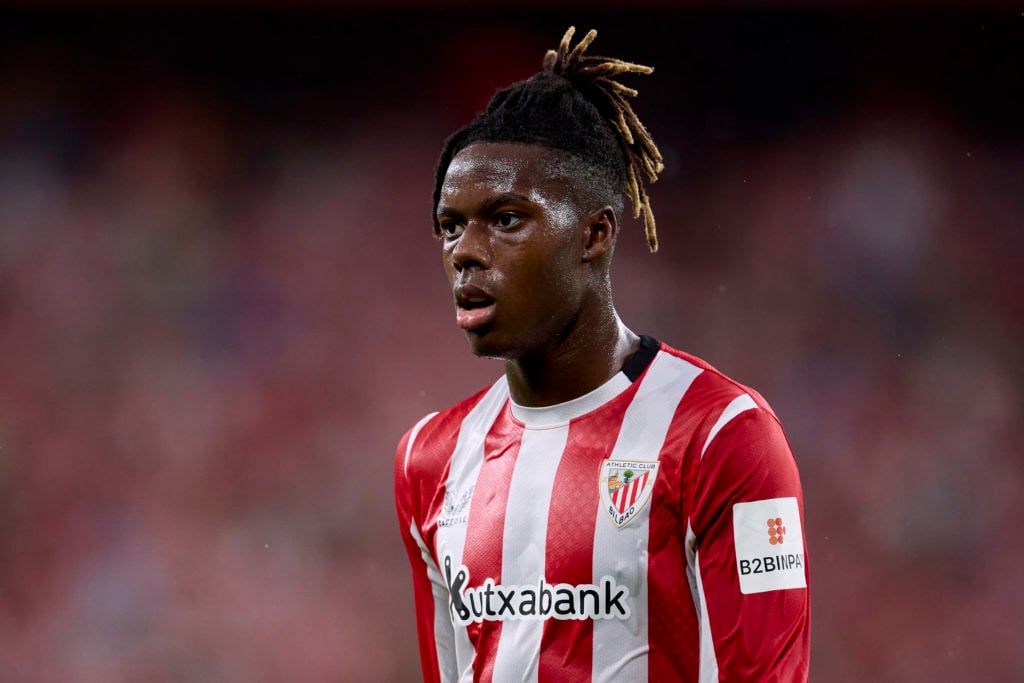 Nico Williams of Athletic Club looks on during the La Liga EA Sports match between Athletic Club and Club Atletico de Madrid at Estadio de San Mame...