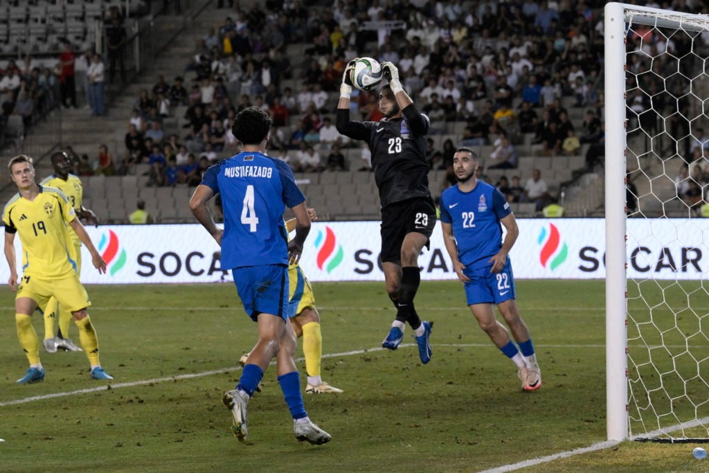 Azerbaijan's goalkeeper Mekhti Dzhenetov grabs the ball during the UEFA Nations League football match between Azerbaijan and Sweden in Baku on Sept...