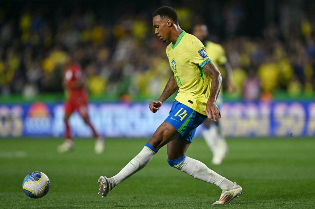 Brazil's defender Gabriel Magalhaes controls the ball during the 2026 FIFA World Cup South American qualifiers football match between Brazil and Ec...