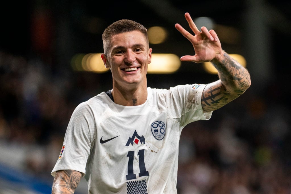 Benjamin Sesko of Slovenia celebrates a hat-trick after scoring Slovenia's third goal during the UEFA Nations League 2024/25 League B Group B3 matc...