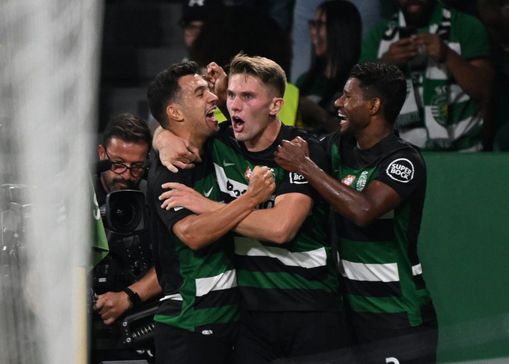 Viktor Gyokeres of Sporting scores and celebrates a goal during the UEFA Champions League 2024/25 League Phase MD1 match between Sporting Clube de ...