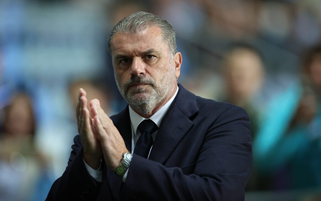 Ange Postecoglou the Tottenham Hotspur manager looks on during the Carabao Cup Third Round match between Coventry City and Tottenham Hotspur at The...