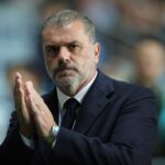 Ange Postecoglou the Tottenham Hotspur manager looks on during the Carabao Cup Third Round match between Coventry City and Tottenham Hotspur at The...