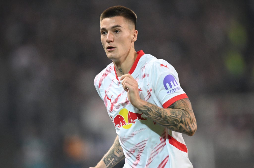 Benjamin Sesko of Leipzig in action during the Bundesliga match between FC St. Pauli 1910 and RB Leipzig at Millerntor Stadium on September 22, 202...