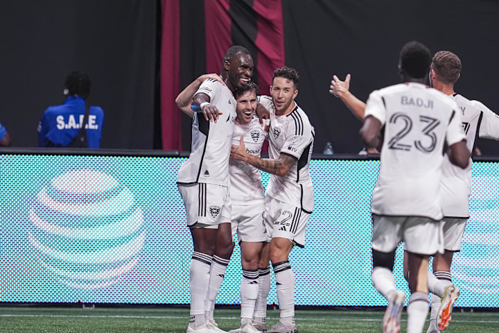 DC United players celebrate after scoring a goa