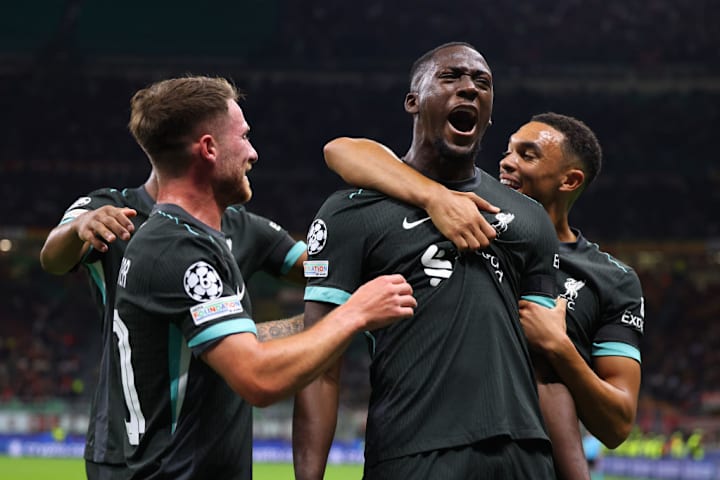 Liverpool celebrate Ibrahima Konate's goal against AC Milan in the Champions League