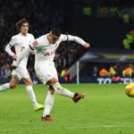 Pedro Porro of Tottenham Hotspur  scoring the 1st goal during the Emirates FA Cup Third Round match between Tottenham Hotspur and Burnley at Totten...