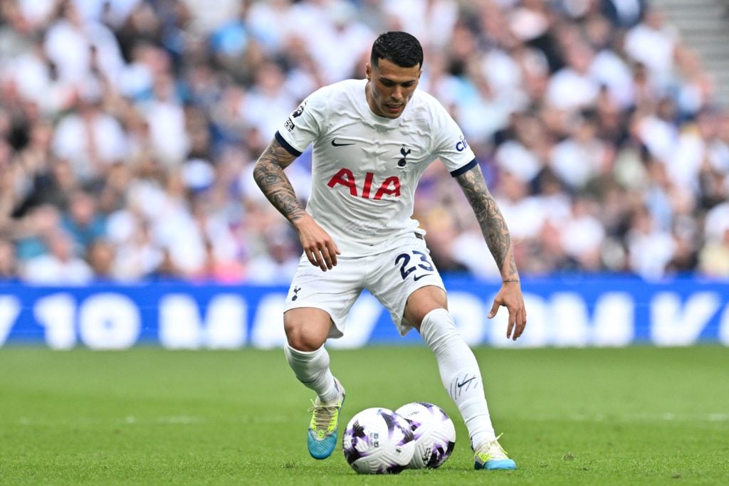 Tottenham Hotspur's Spanish defender #23 Pedro Porro controls two balls during the English Premier League football match between Tottenham Hotspur ...