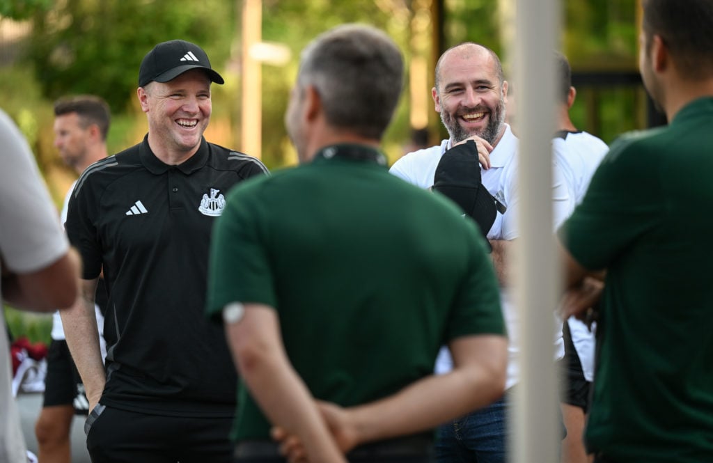 Newcastle United Head Coach Eddie Howe (L) laughs with Newcastle United Sporting Director Paul Mitchell (R) during the Newcastle United Pre Season ...