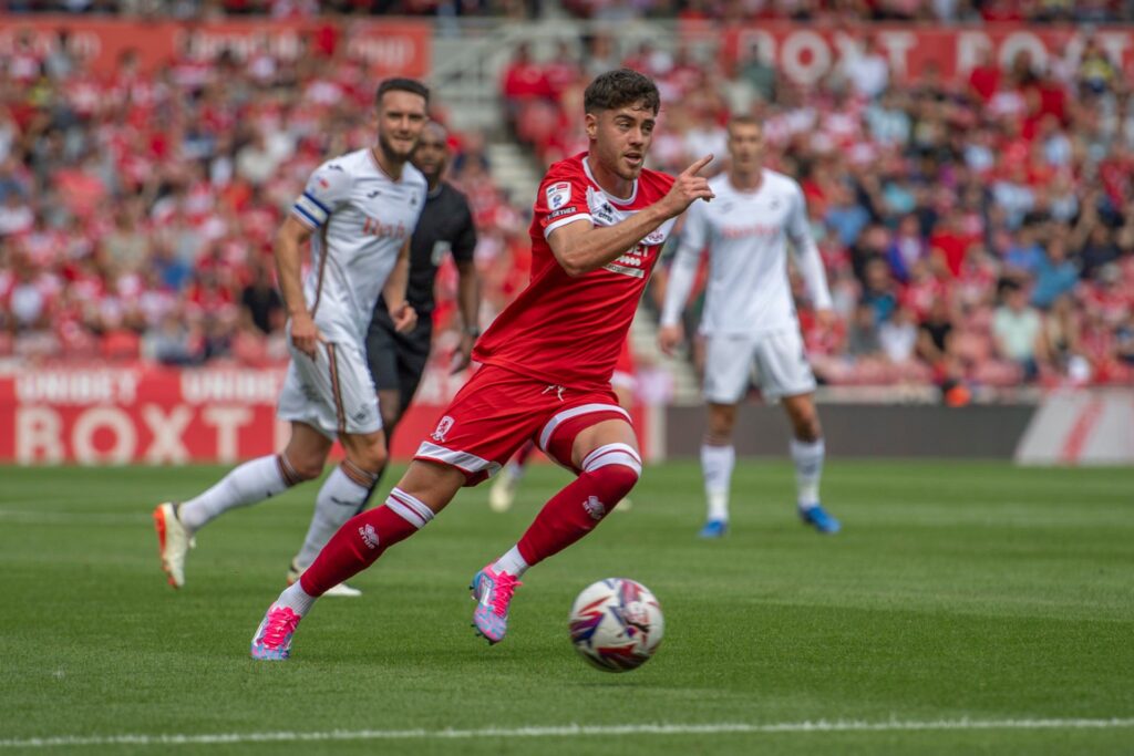 Middlesbrough's Hayden Hackney is playing during the Sky Bet Championship match between Middlesbrough and Swansea City at the Riverside Stadium in ...