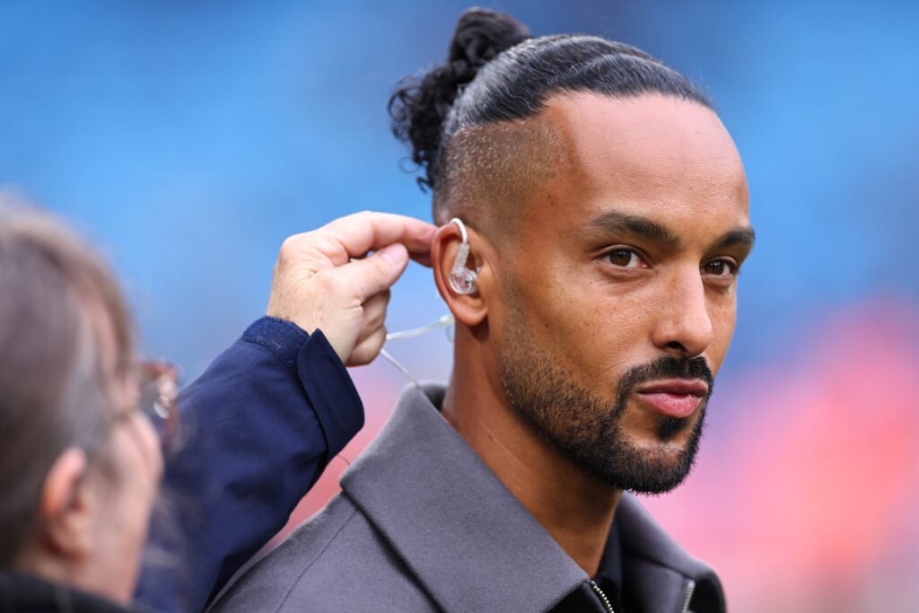 Theo Walcott working as a pundit for Sky Sports ahead of the Premier League match between Manchester City FC and Arsenal FC at Etihad Stadium on Se...