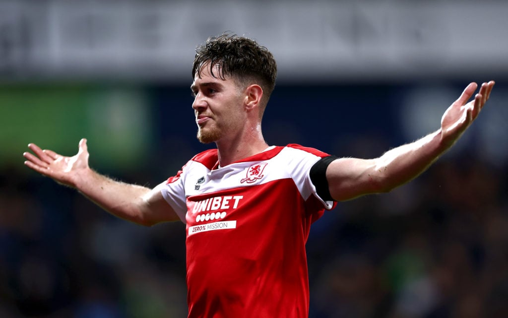 Hayden Hackney of Middlesbrough celebrates scoring his team's first goal during the Sky Bet Championship match between West Bromwich Albion FC and ...