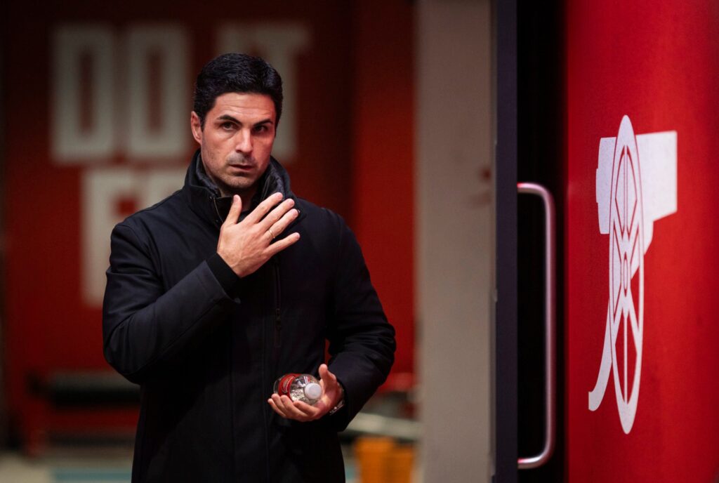 Mikel Arteta, Manager of Arsenal reacts during the UEFA Champions League 2024/25 League Phase MD2 match between Arsenal FC and Paris Saint-Germain ...