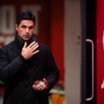 Mikel Arteta, Manager of Arsenal reacts during the UEFA Champions League 2024/25 League Phase MD2 match between Arsenal FC and Paris Saint-Germain ...