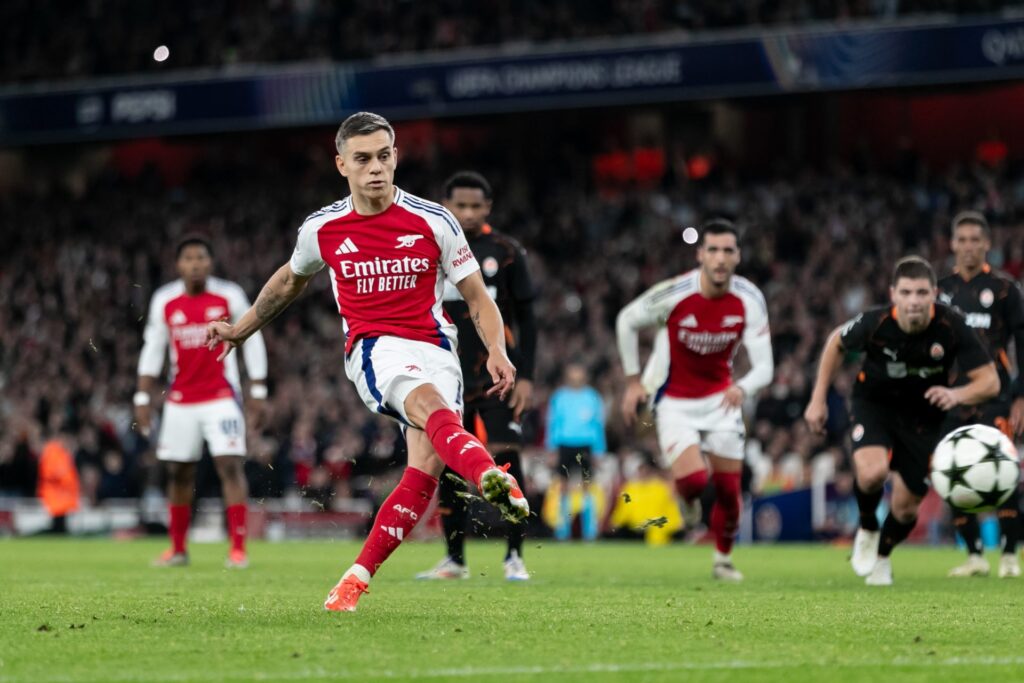 Leandro Trossard of Arsenal takes a penalty which he misses during the UEFA Champions League 2024/25 League Phase MD3 match between Arsenal FC and ...