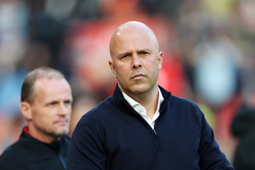 Arne Slot, Manager of Liverpool, looks on prior to the Premier League match between Liverpool FC and Chelsea FC at Anfield on October 20, 2024 in L...