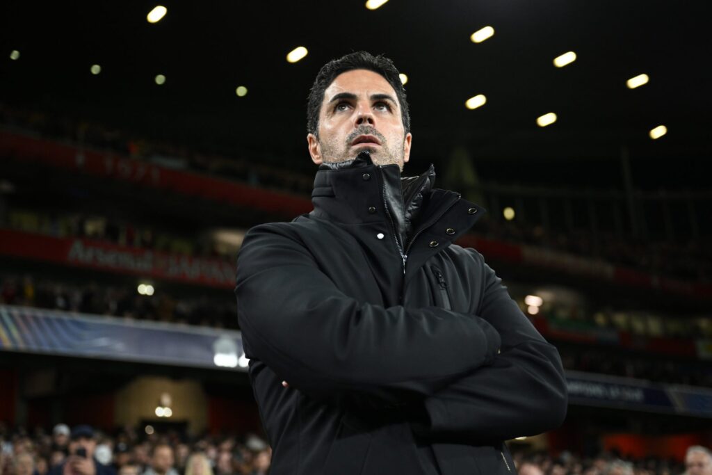 Mikel Arteta, Manager of Arsenal, looks on prior to the UEFA Champions League 2024/25 League Phase MD3 match between Arsenal FC and FC Shakhtar Don...