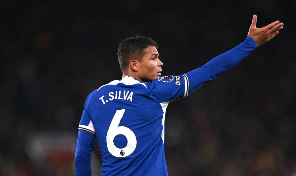 Chelsea player Thiago Silva reacts during the Premier League match between Manchester United and Chelsea FC at Old Trafford on December 06, 2023 in...