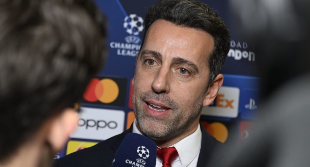 Arsenal FC Sporting Director Edu Gaspar speaks to media in the flash interview area during the UEFA Champions League 2023/24 Round of 16 Draw at th...