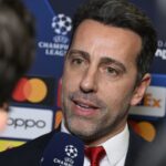 Arsenal FC Sporting Director Edu Gaspar speaks to media in the flash interview area during the UEFA Champions League 2023/24 Round of 16 Draw at th...