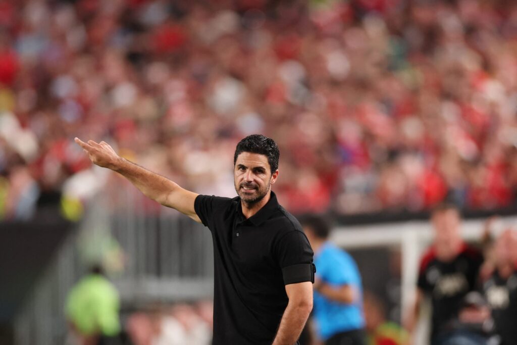 Arsenal's Spanish manager Mikel Arteta gestures during the pre-season club friendly football match between Arsenal FC and Liverpool FC at Lincoln F...