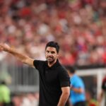 Arsenal's Spanish manager Mikel Arteta gestures during the pre-season club friendly football match between Arsenal FC and Liverpool FC at Lincoln F...