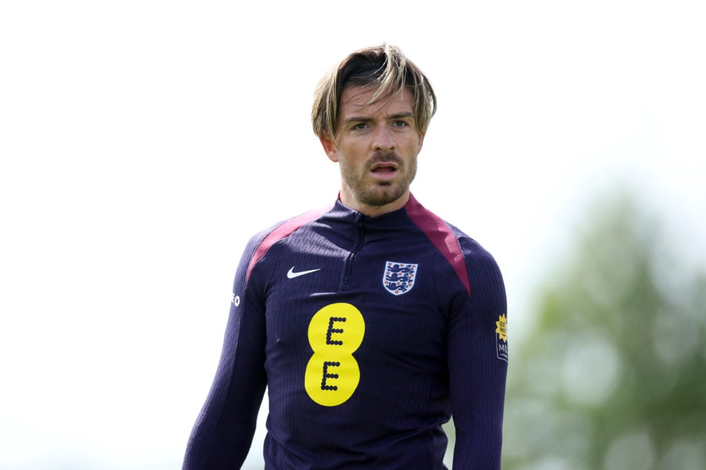 Jack Grealish of England looks on during a training session at St Georges Park on September 04, 2024 in Burton-upon-Trent, England.