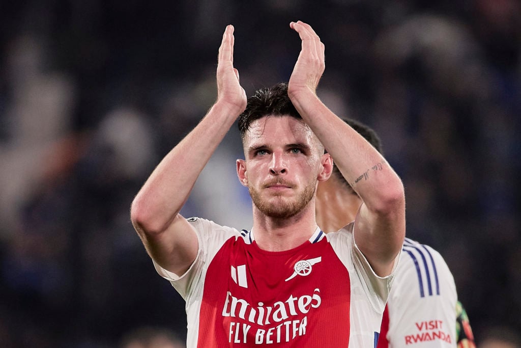 Declan Rice of Arsenal gestures during the UEFA Champions League 2024/25 League Phase MD1 match between Atalanta BC and Arsenal FC at Stadio di Ber...