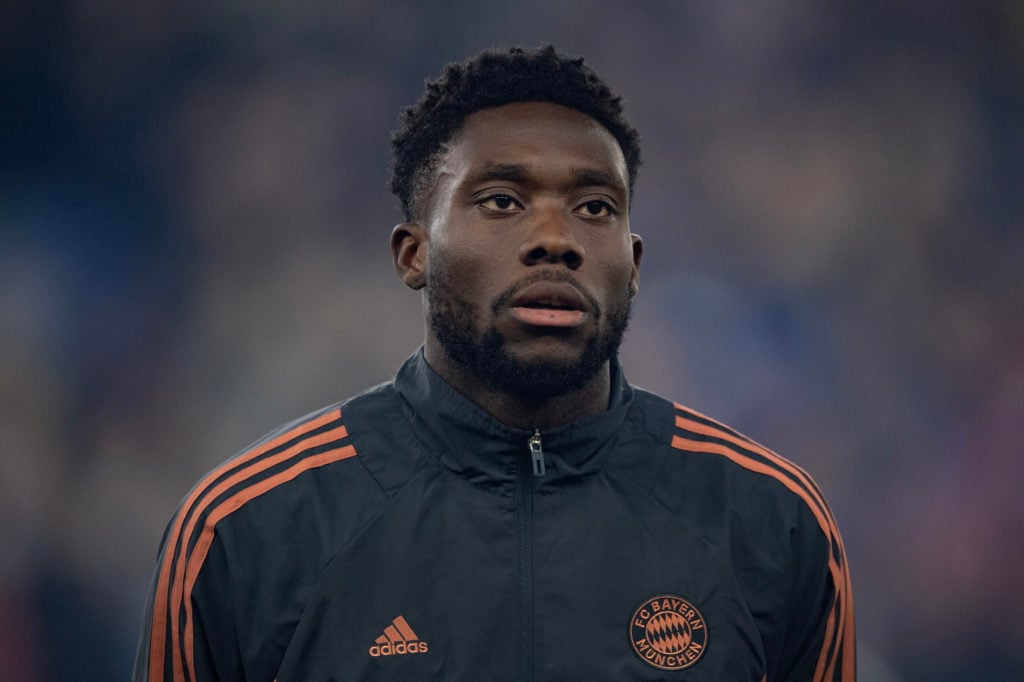 Alphonso Davies of Bayern Munich looks on prior to the UEFA Champions League 2024/25 League Phase MD2 match between Aston Villa FC and FC Bayern Mu...