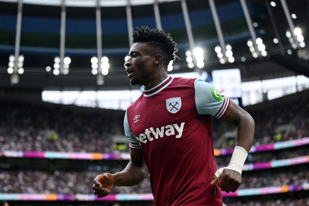 Mohammed Kudus of West Ham United celebrates scoring his team's first goal during the Premier League match between Tottenham Hotspur FC and West Ha...