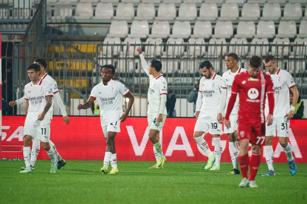 Tijjani Reijnders celebrates a goal during the AC Monza vs AC Milan Serie A match at U-Power Stadium in Monza, Italy, on November 2, 2024.