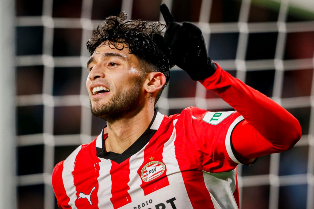 Ricardo Pepi of PSV celebrates after scoring his teams fifth goal during the Dutch Eredivisie match between PSV and FC Groningen at Philips Stadion...