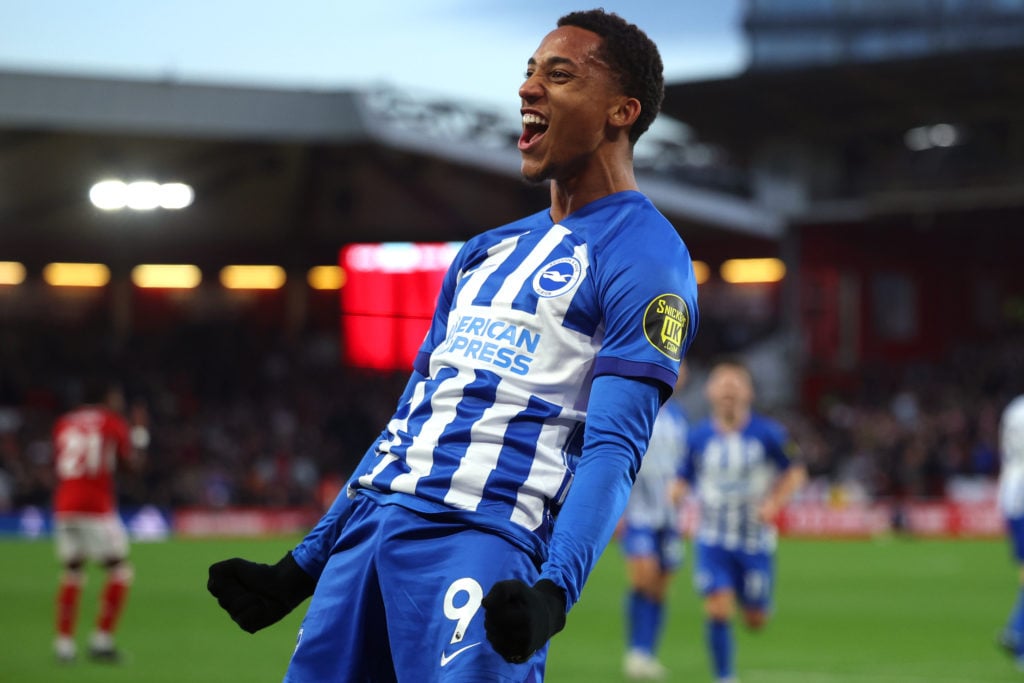 Joao Pedro of Brighton & Hove Albion celebrates after scoring the team's second goal during the Premier League match between Nottingham Forest ...