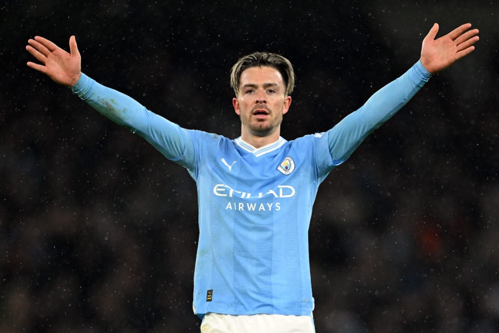 Jack Grealish of Manchester City celebrates after scoring the team's third goal during the Premier League match between Manchester City and Tottenh...