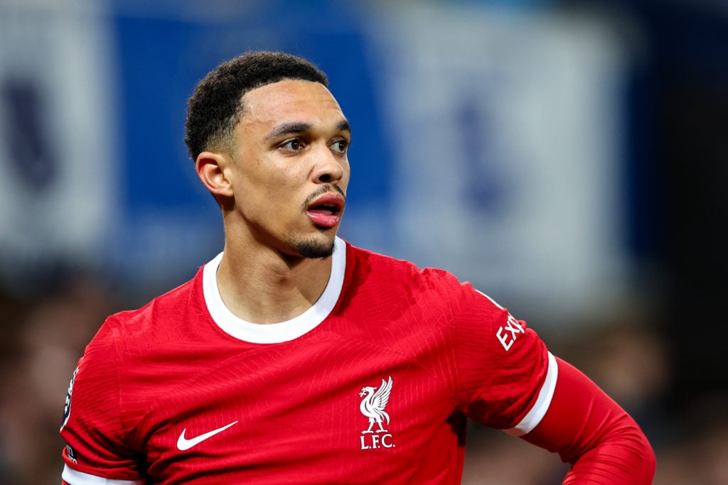 Trent Alexander-Arnold of Liverpool during the Premier League match between Everton FC and Liverpool FC at Goodison Park on April 24, 2024 in Liver...