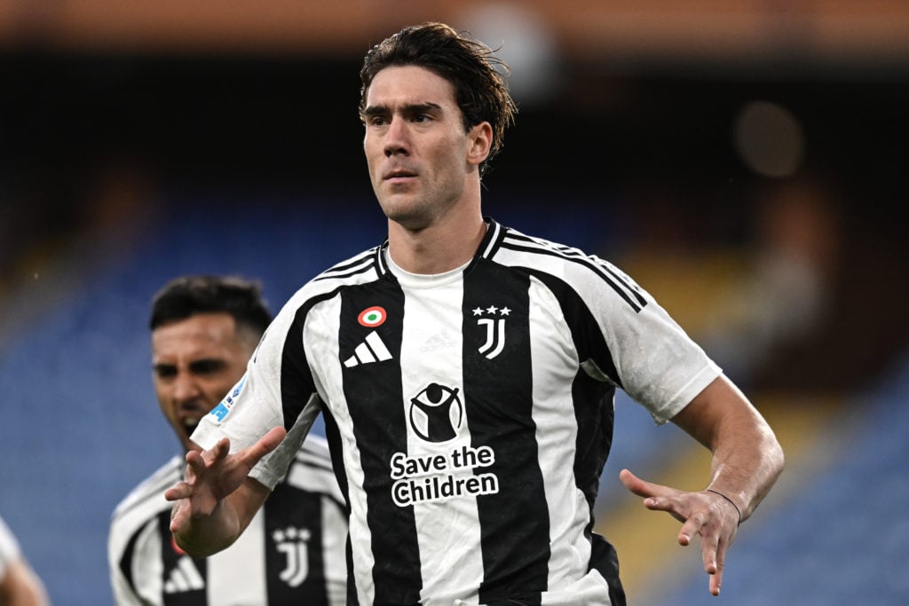 Dusan Vlahovic of Juventus celebrates his goal  during the Serie A match between Genoa and Juventus at Stadio Luigi Ferraris on September 28, 2024 ...