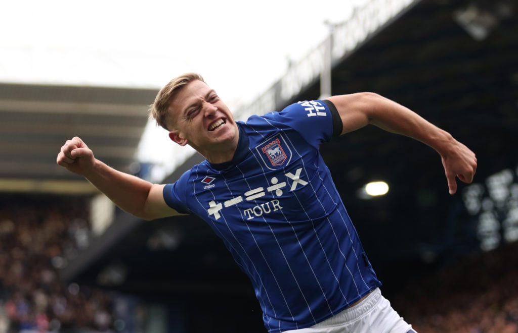 Liam Delap of Ipswich Town celebrates scoring his team's first goal during the Premier League match between Ipswich Town FC and Aston Villa FC at P...