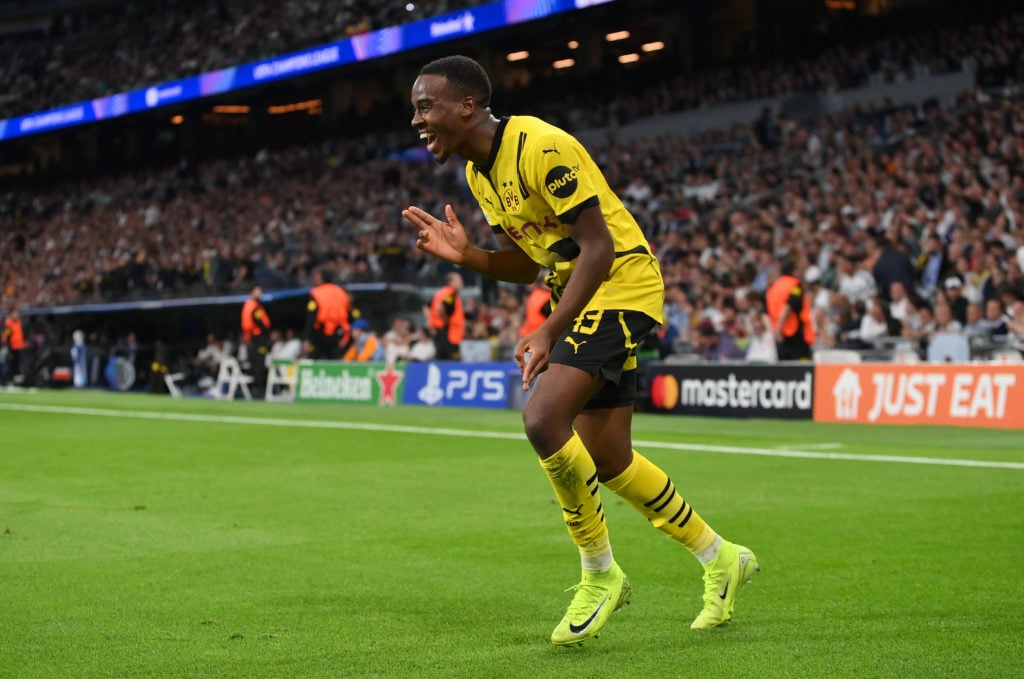 Jamie Bynoe-Gittens of Borussia Dortmund celebrates scoring his team's second goal during the UEFA Champions League 2024/25 League Phase MD3 match ...