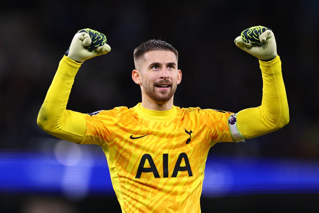 Guglielmo Vicario of Tottenham Hotspur celebrates his teams fourth goal during the Premier League match between Manchester City FC and Tottenham Ho...