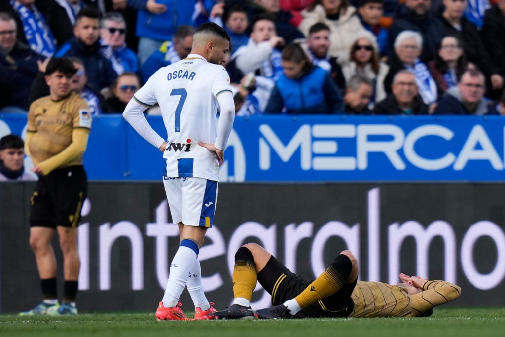 Martín Zubimendi of Real Sociedad lays injured on the ground during the LaLiga match between CD Leganes and Real Sociedad at Estadio Municipal de B...